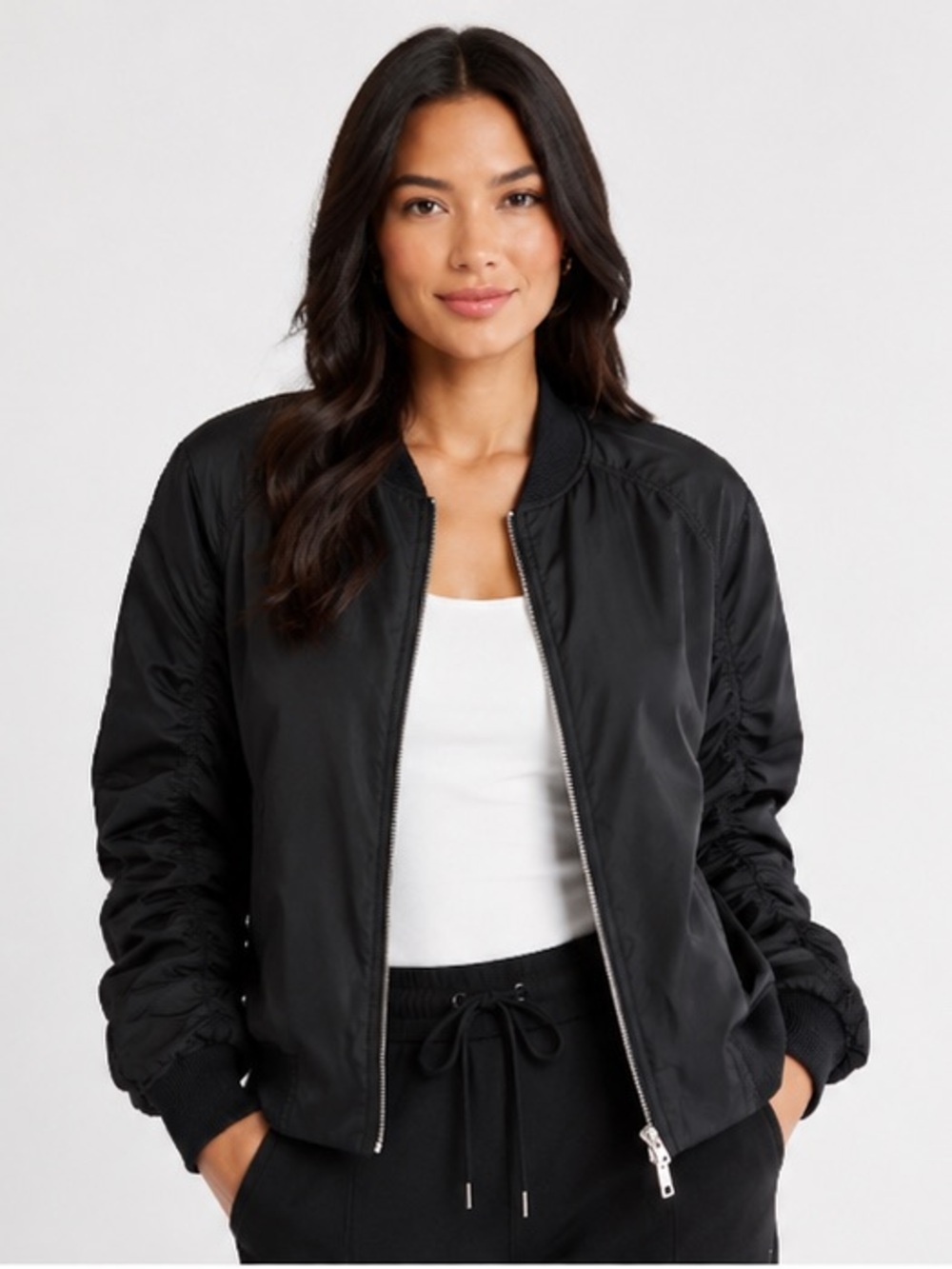 Z BY ZELLA Ruched Sleeve Bomber Jacket Black XL NWT